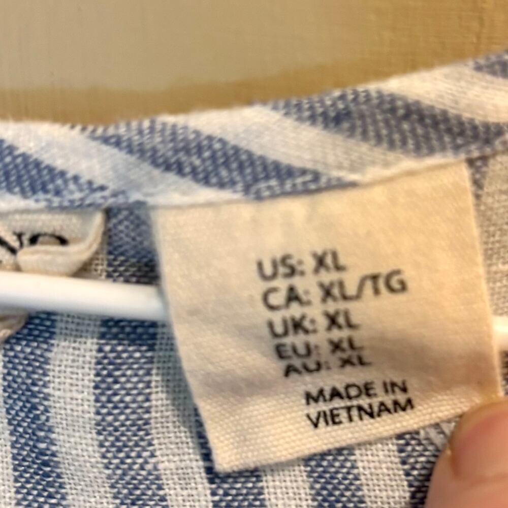 Christian Siriano 100% Linen Blue Short Sleeve Patch Pocket Striped Blouse Sz XL - Picture 8 of 9
